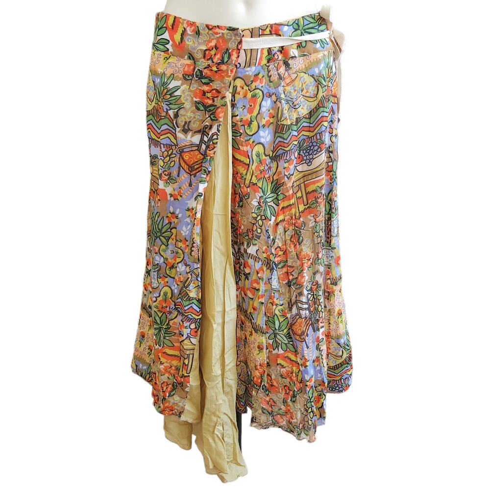 DANIELA BESSO printed wearable art silky inset Italian wrap midi skirt Size M